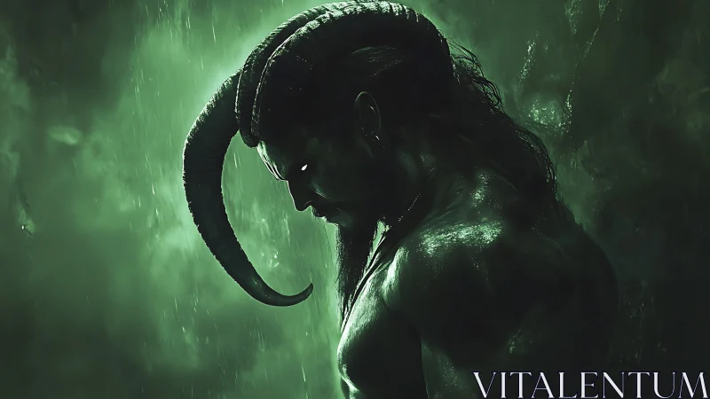 Horned demon silhouette under rainlit emerald haze.