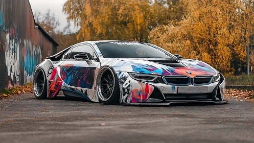 BMW sports coupe with neon graffiti wrap in autumn streetscape.