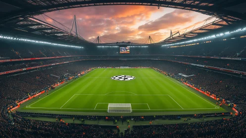 Floodlit arena cradles a luminous pitch under ember skies