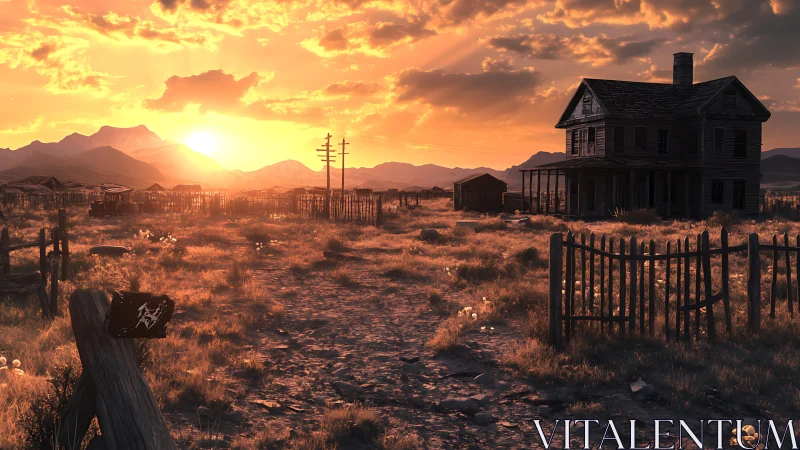 Deserted farmhouse at sunset with dramatic golden backlight.
