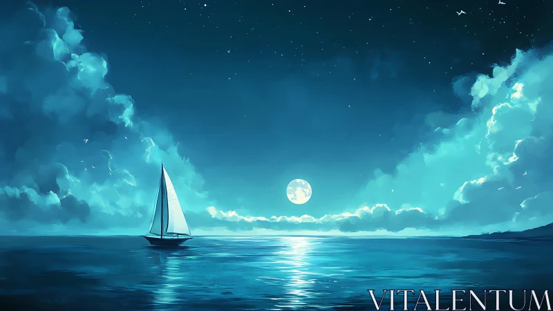 Sailboat under bright full moon on calm blue seascape.