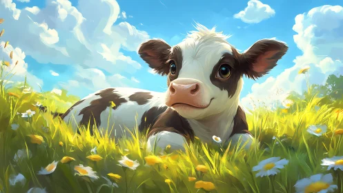 Sunlit calf resting in a wildflower meadow daydreaming.