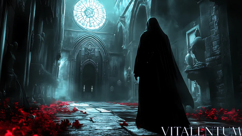 Cloaked wanderer beneath bloodlit petals in haunted cathedral.