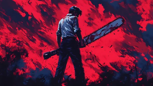 Digital painting of lone chainsaw wielder in infernal field.