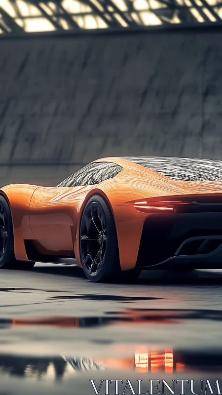 Orange supercar rear view in modern concrete tunnel setting.