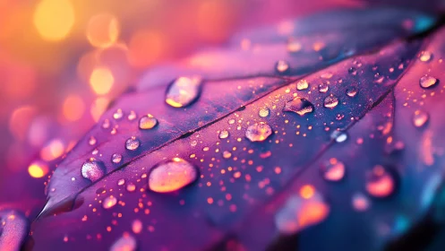 Iridescent leaf macro glows with colorful water droplets.