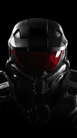 Midnight armored visor with a quiet red electric gaze.