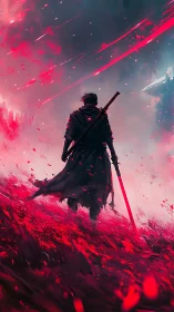 Lone katana warrior in crimson storm-swept digital battlefield