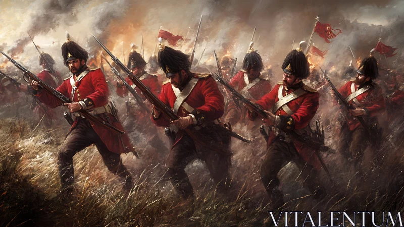 Oil battle tableau of redcoat infantry advancing under fire.