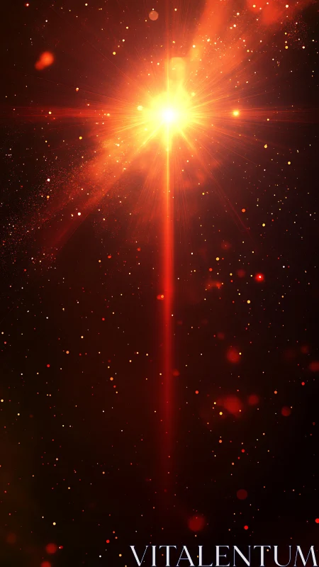Central red stellar flare against dark particle field.