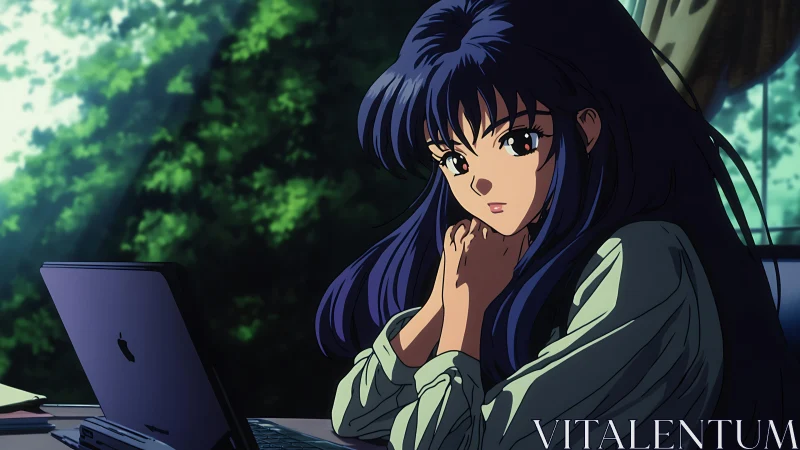 Thoughtful anime girl works quietly beside a glowing laptop