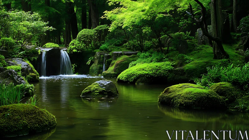 Hydrologically balanced moss cascade in shaded forest pool.