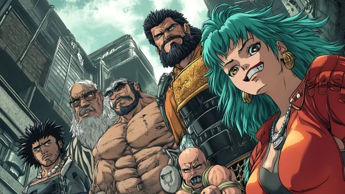 Ragtag cyberpunk squad confronts the viewer in a tense alley.