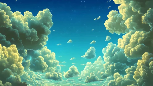 Layered cumulus cloud formations under clear blue sky.