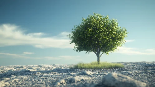 Lone Green Tree on Rocky Ground in Soft Sunlight, Realistic Style.