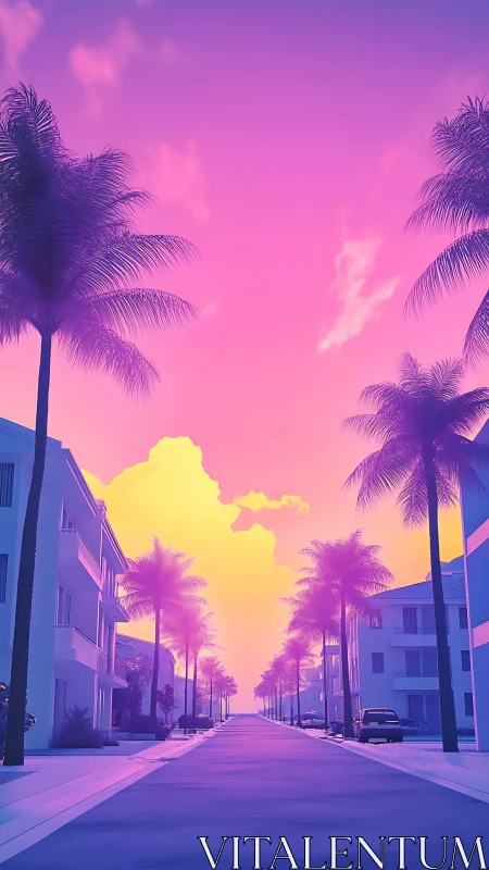 Neon sunset pours candy light down a quiet palm avenue