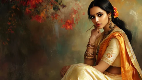 Elegant Indian Woman in Traditional Saree, Artistic Portrait Style.