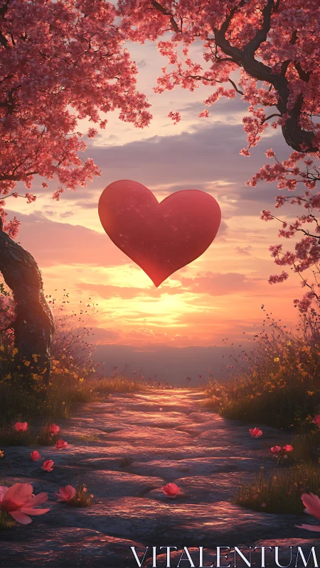 Heart-Shaped Celestial Object Above River with Cherry Blossom Canopy