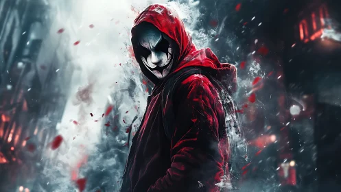 Hooded masked figure stands in atmospheric urban environment