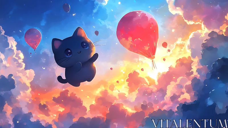 Sky-drifting kitten chases rose balloons through painted clouds