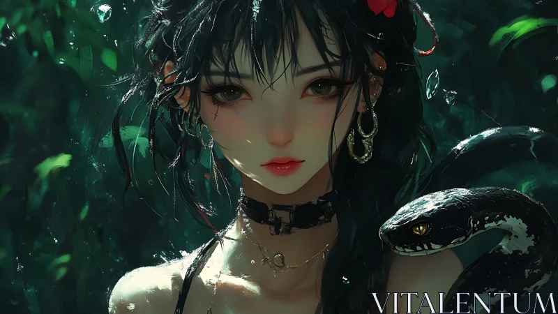 Mystical jungle girl meets serpent in emerald shadows.