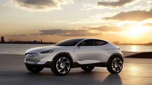 Sleek white crossover concept beside a luminous harbor sunset.