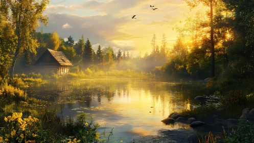 Sunlit forest cabin overlooks tranquil reflective lake at dawn.