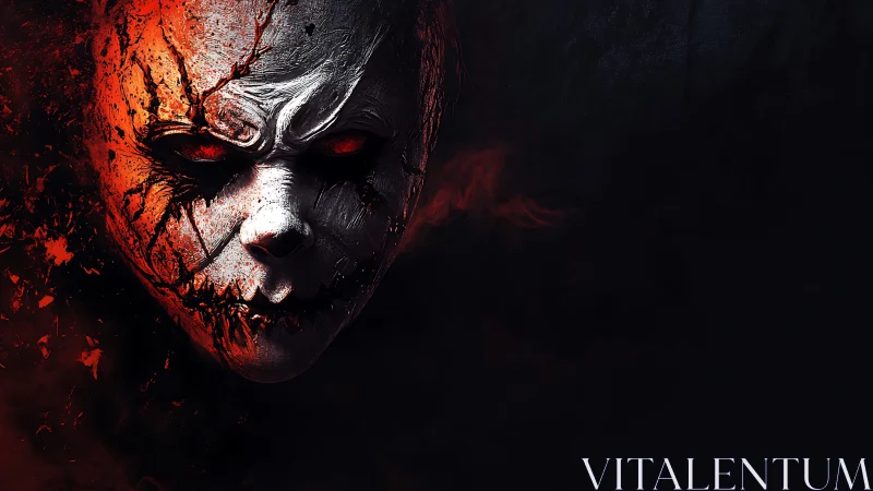 Cracked demonic mask portrait with infernal red lighting
