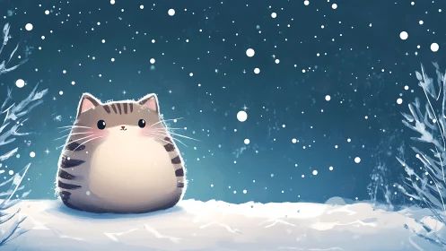 Chubby Cat Sits in Winter Snowscape with Falling Snow.