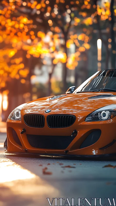 Low-angle autumn streetscape frames vivid orange sports coupe