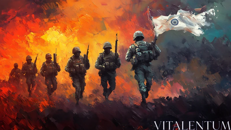 March of ember-clad soldiers beneath a blazing tricolor sky.