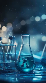 Laboratory flask with molecular model in blue solution.