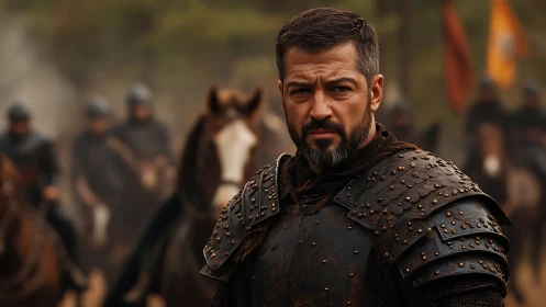 Medieval commander in studded armor, cinematic close-up profile.
