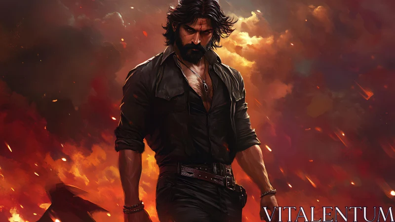 Brooding warrior strides through blazing inferno sky.
