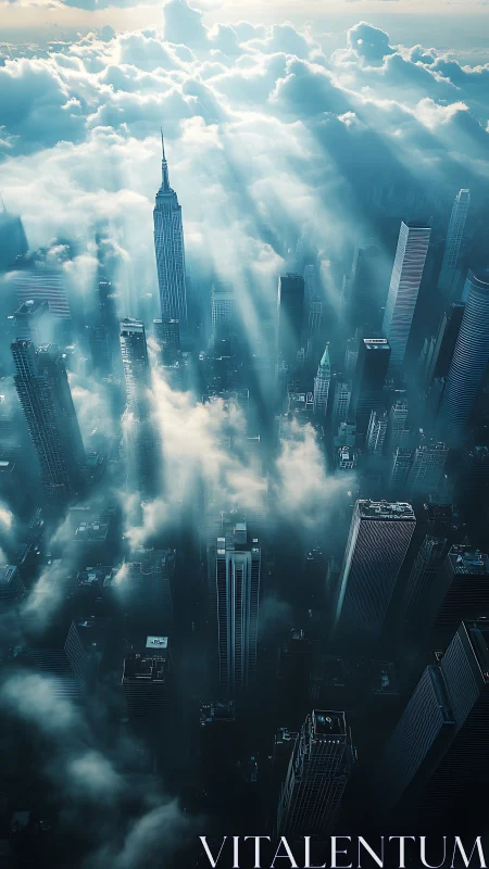 Sunlit skyscrapers rise through dreamy clouds above the city