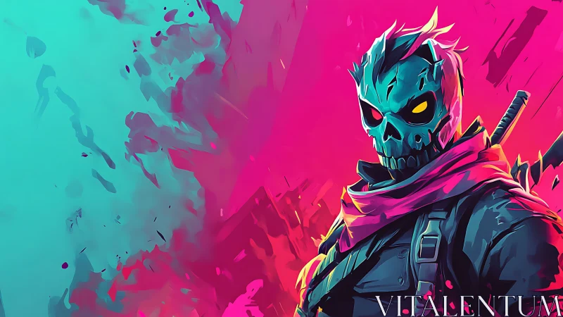 Bold neon skull warrior standing in a storm of color.