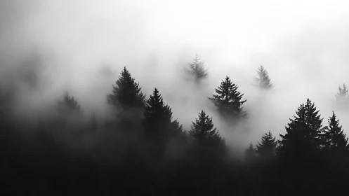 Pine sentinels drifting in ghost-thick mountain fog.