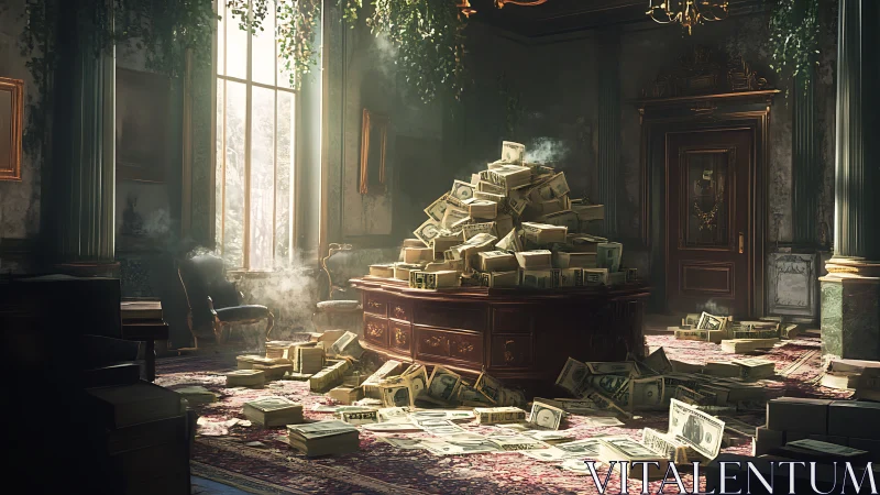 Mountain of cash dominates decaying opulent office interior.