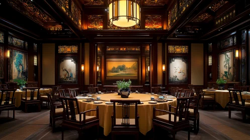 Luxurious Chinese dining hall with warm lantern lighting.