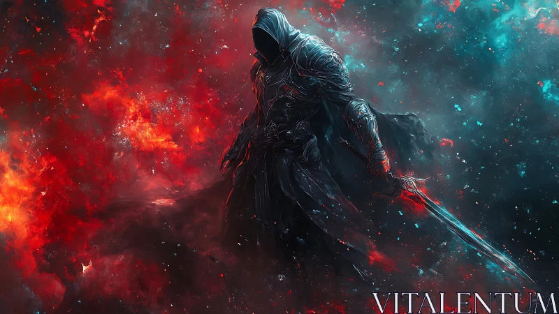 Hooded armored warrior with glowing sword in cosmic fire