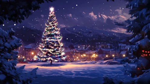 Digital painting of illuminated town square Christmas tree at dusk.