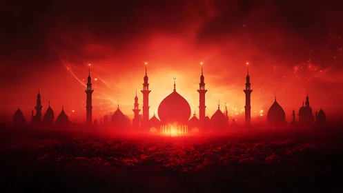 Fiery mosque skyline against glowing red celestial horizon.