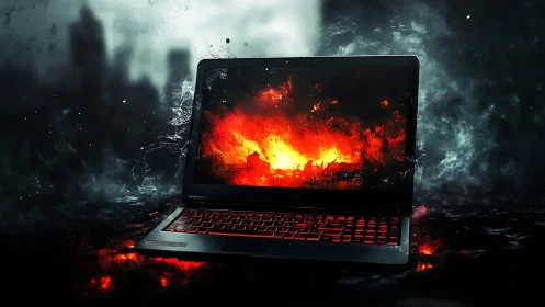 Laptop with fiery screen in dark smoky digital landscape.