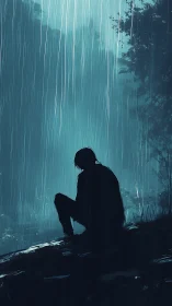 Silhouetted lone figure crouched on rainy forest hillside.