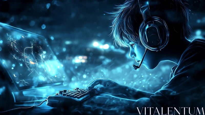 Digital illustration shows focused gamer at illuminated desktop