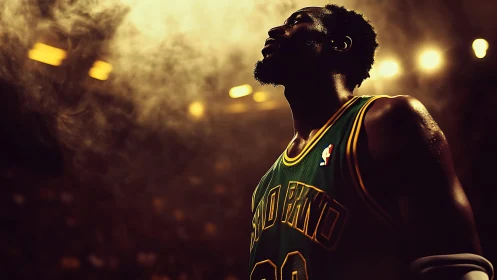 Basketball player stands under arena lights in smoky air