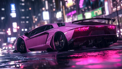 Pink sports car on wet neon city street at night scene.
