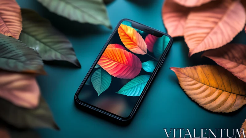 Vibrant autumn leaves reflected in sleek smartphone screen.