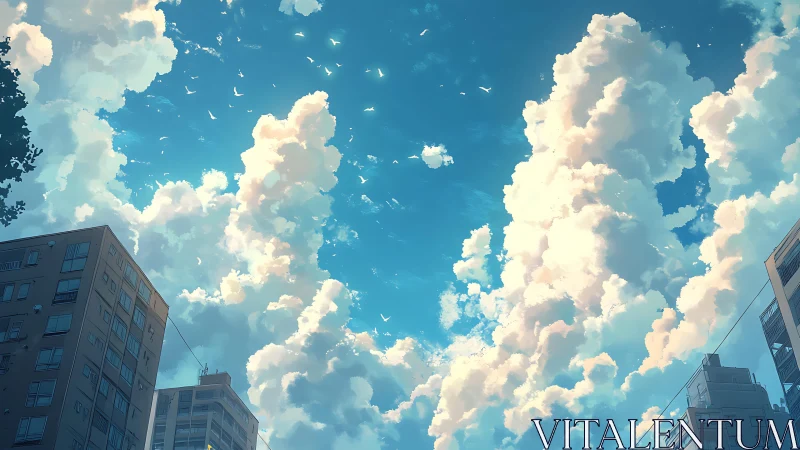 Sunlit cumulonimbus clouds over tranquil urban towers.