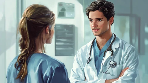Clinical dialogue between two medical staff in soft focus render.